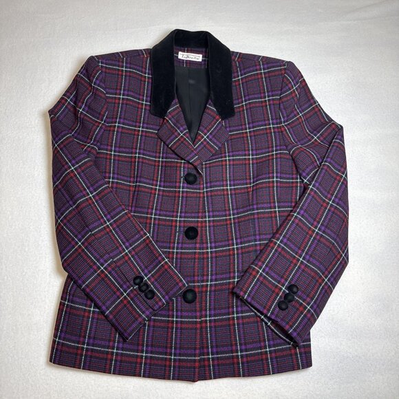 Talbots Size 10 Purple Red Plaid Notch Blazer Lined Wool Blend - Picture 1 of 12